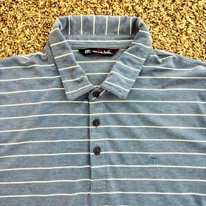 Travis Mathew Striped Polo Shirt Size Large Blue Pima Cotton Golf Casual